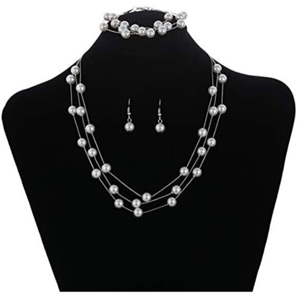 Faux Pearl Choker Gold Silver Layered Necklace Earring Bracelet Set for Women - Picture 1 of 4